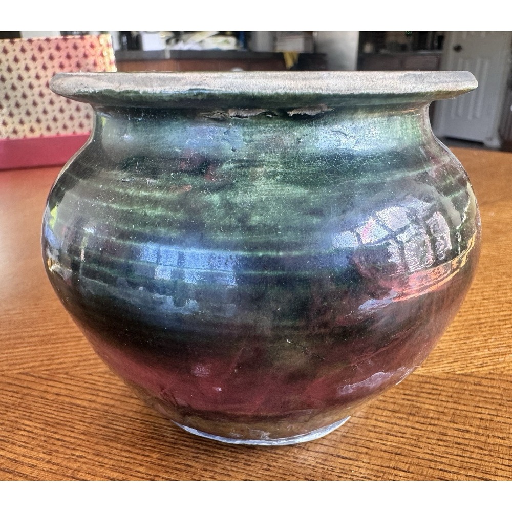 Shockey Studio Art Pottery Hanging Sm‎ Planter Stoneware Pot Green Purple Glaze